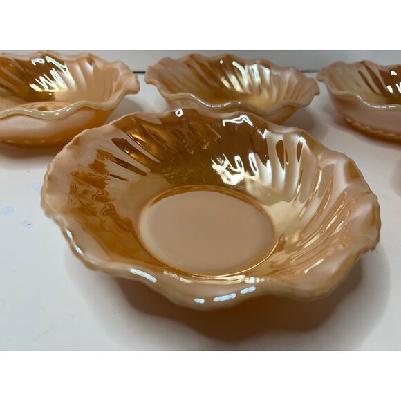 Fire King Peach Luster Soup salad Bowl Set of 5 Ruffled Rim 7” Milk Glass Bottom - Picture 4 of 8